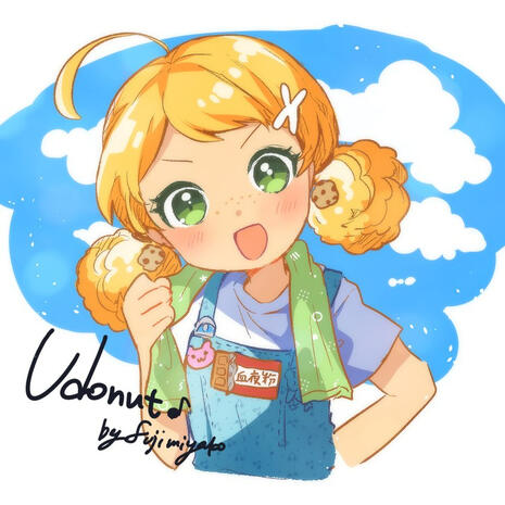 Mister Donut gijinka series (chocolate and compote udon donuts - chocolate loving country girl washing her car next to a cornfield)