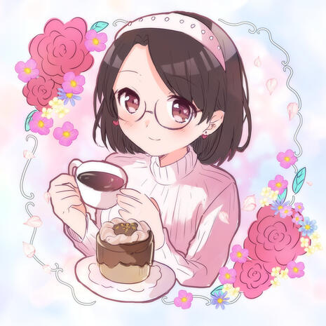 Mister Donut gijinka series (Pierre Marcolini collab donuts - Noisette-san who enjoys a coffe with chocolate cake on the side at a café)